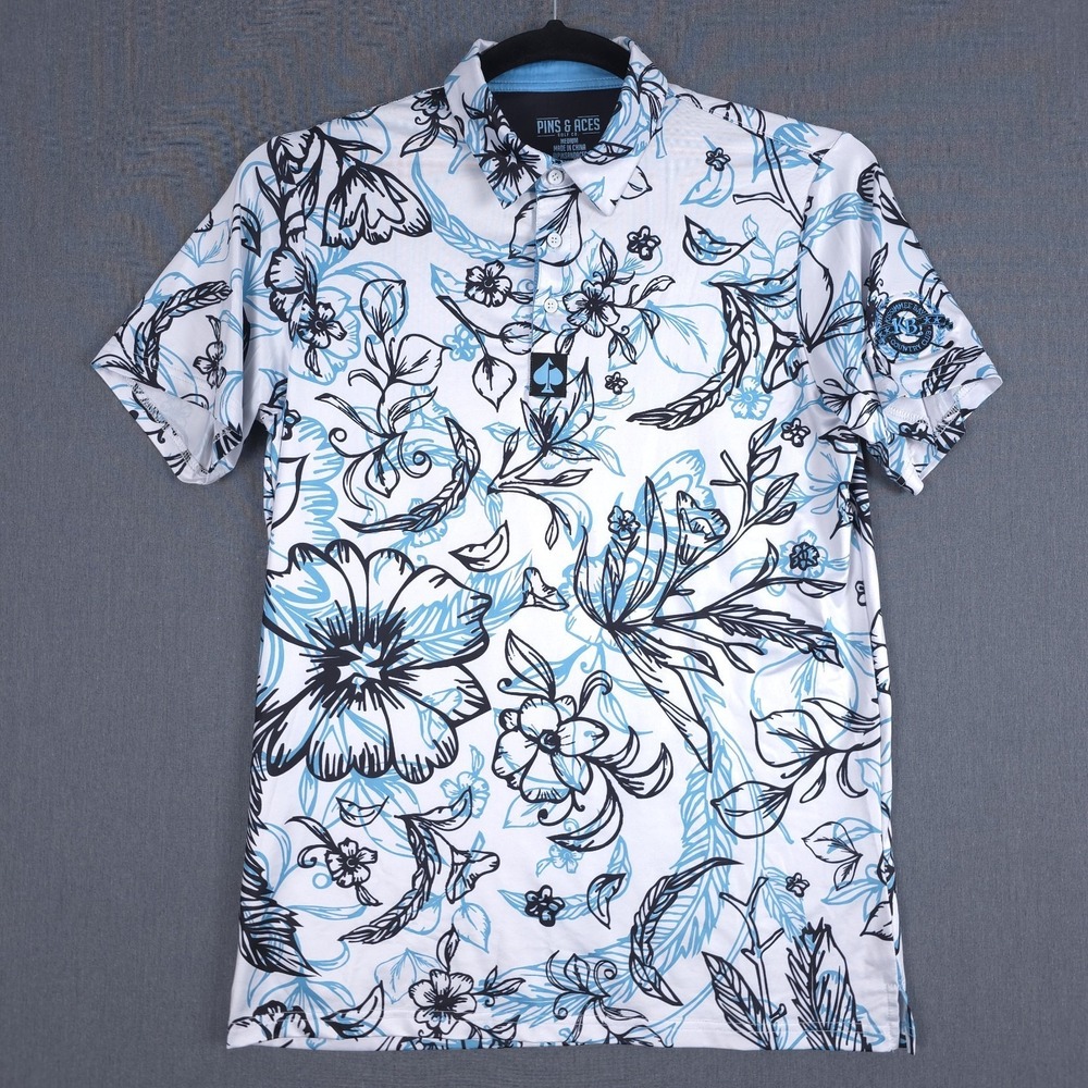 Pins and Aces Performance Golf Polo Mens Medium Floral AOP Short Sleeve Wicking